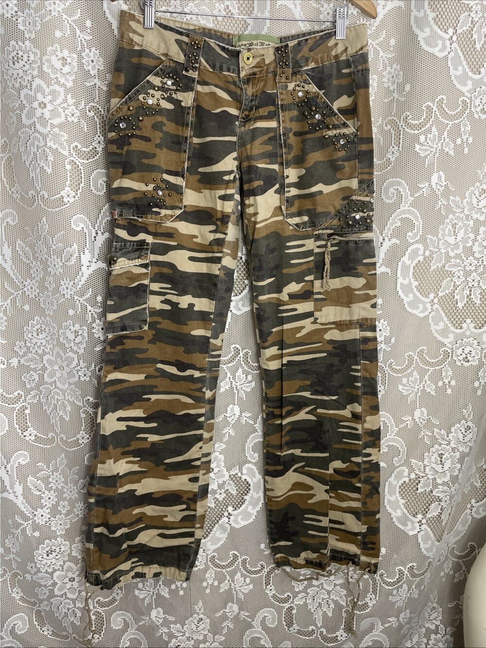 Miss Me Cargo Camo Pants Jeans Wide Leg Low Rise Studded Y2K Vintage Size Large